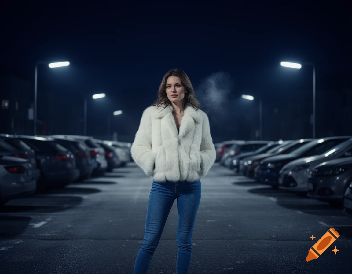 A woman in a white fur jacket and jeans stands in a dark parking lot at night, cars lining the background.
