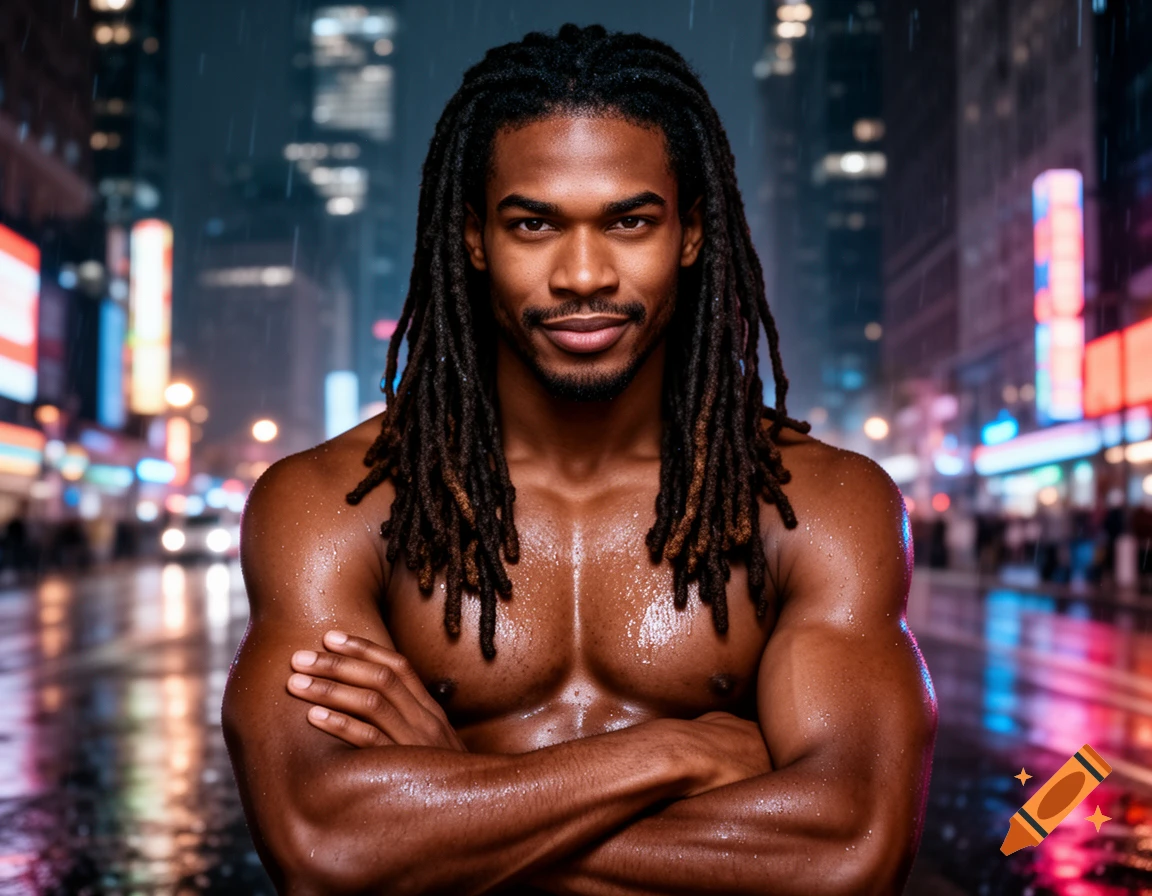 Photorealistic portrait of a shirtless Black man with dreadlocks, arms crossed, in a rainy neon-lit city at night.