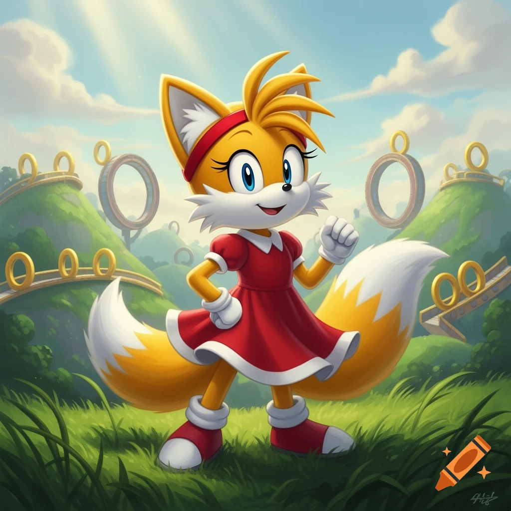 Tails the fox, dressed in a red dress and headband, stands smiling in a sunny green landscape with golden rings.
