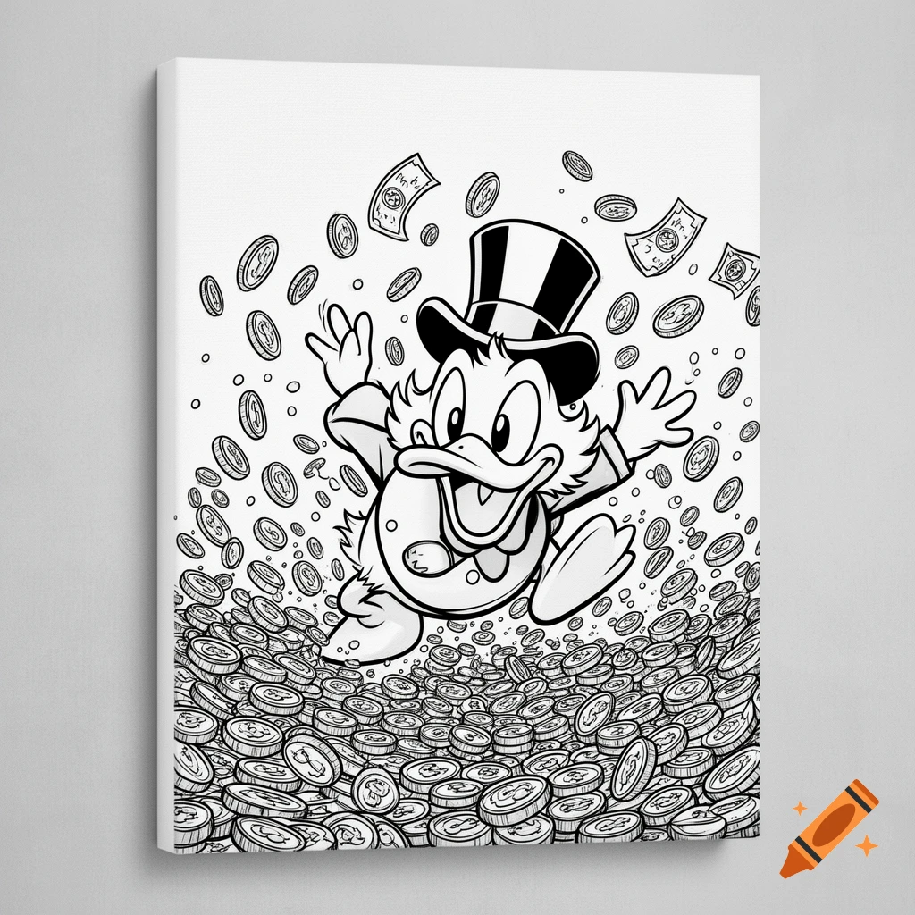 Black and white line art of Scrooge McDuck in a top hat and spats, joyfully leaping into a huge pile of coins and flying banknotes.