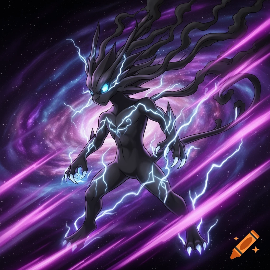 A dark, feline-like Pokémon creature with glowing blue eyes and sharp claws, surrounded by blue lightning, against a purple galaxy background.