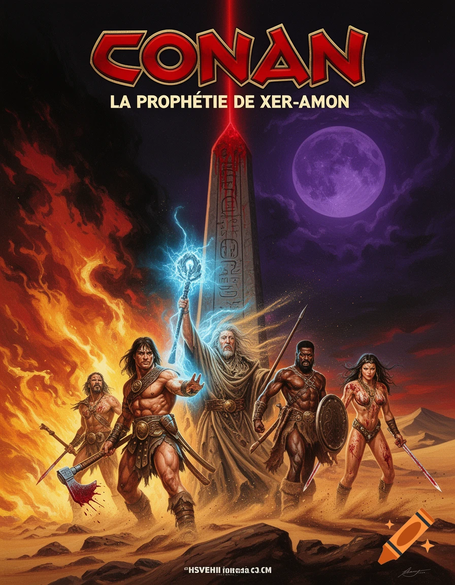 Four fantasy warriors, including Conan, stand in a desert with a glowing obelisk under a purple moon, in a heroic fantasy art style.