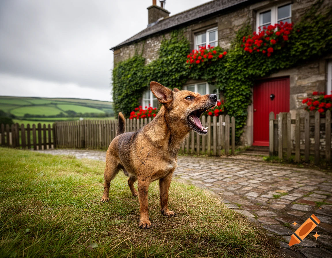 A brown dog barking with its mouth open, standing on grass in front of a stone house with ivy and red flowers.