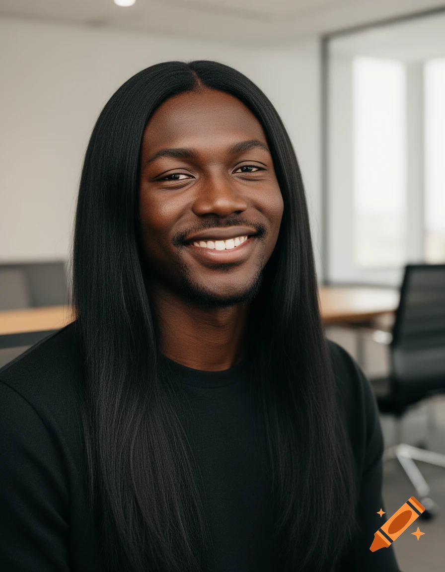 Photorealistic portrait of a dark-skinned man with long, straight black hair, smiling warmly in an office background.