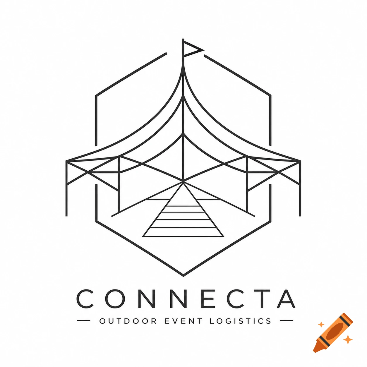 A minimalist geometric logo for 'CONNECTA OUTDOOR EVENT LOGISTICS', featuring a stylized tent or venue structure made of thin black lines within a hexagon on a white background.
