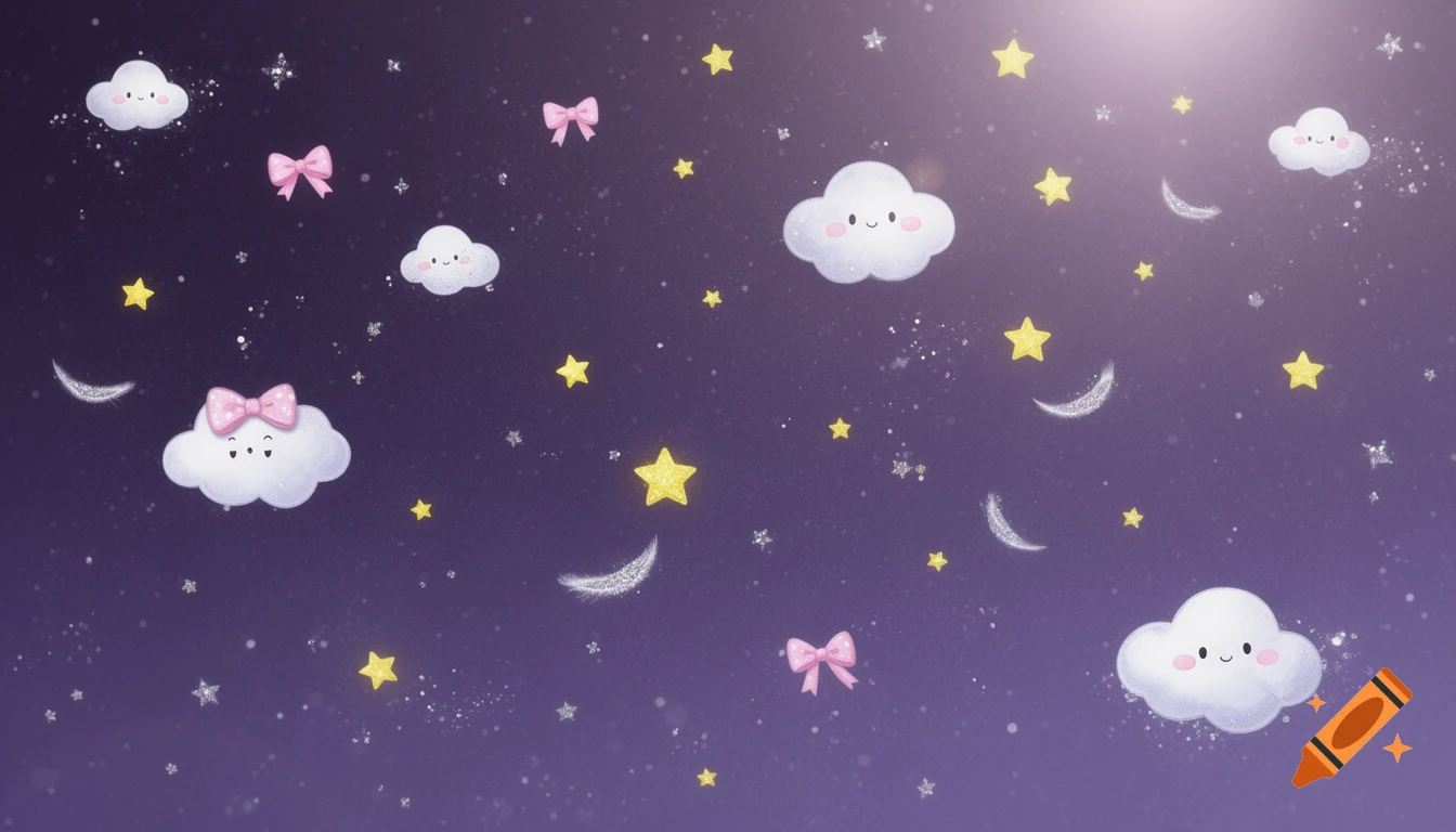 Cute cartoon smiling clouds, yellow stars, glittery crescent moons, and pink bows on a dark purple celestial background.