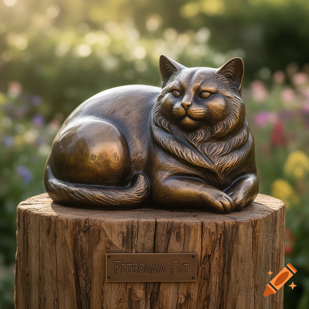 A bronze statue of a fluffy cat lying on a wooden tree stump in a sunny garden.