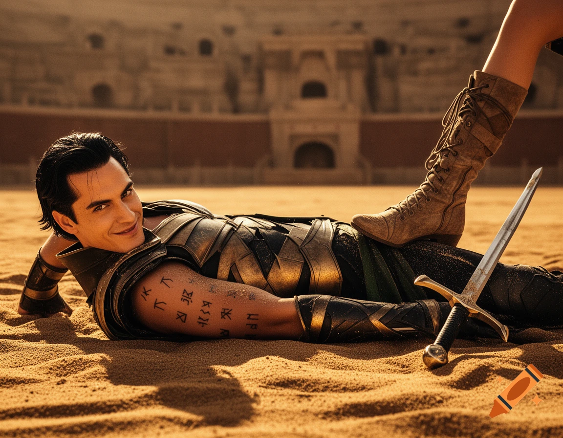 A man resembling Loki in bronze and black armor lies on sun-baked sand, a sword nearby, and a brown boot pressing on his thigh. He smirks at the viewer with amber eyes, tattoos on his arm, against a blurred ancient stadium.