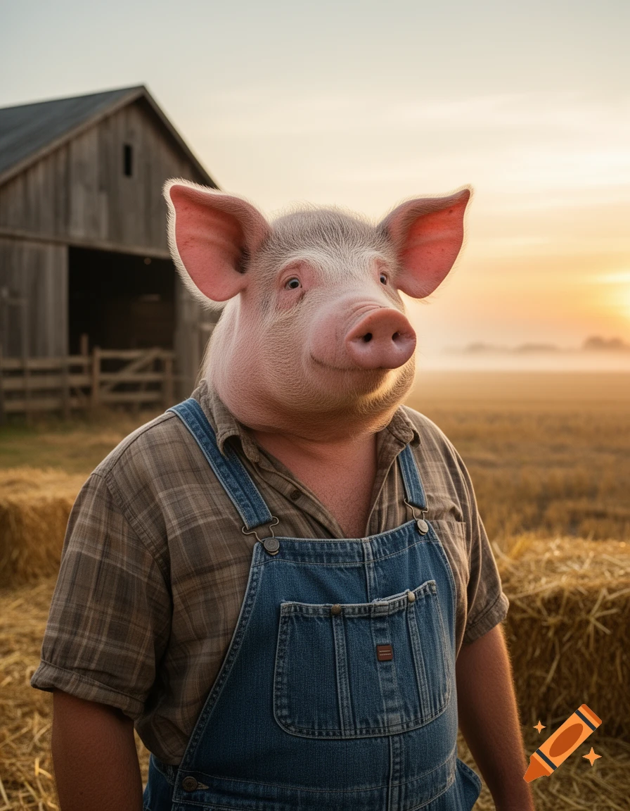 Photorealistic pig-headed man in farmer's overalls stands in a hay field with a barn at sunset.