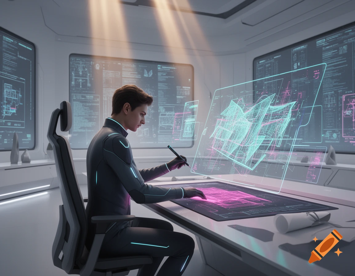 A man in a futuristic suit uses a stylus on a holographic display in a high-tech control room.
