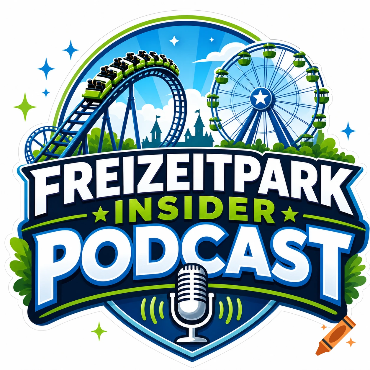 Vibrant logo for Freizeitpark Insider Podcast with a rollercoaster, Ferris wheel, and microphone.
