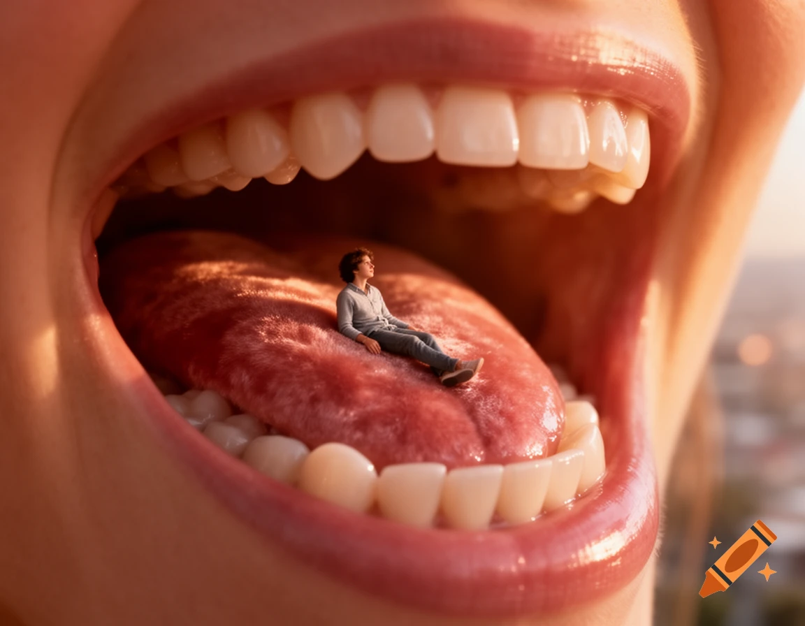 A tiny person sits casually on a large human tongue inside an open mouth, captured in a photorealistic style.
