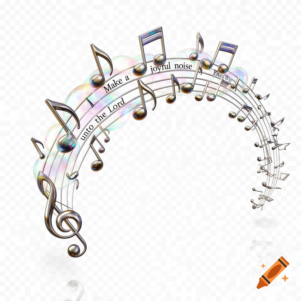 An iridescent, metallic musical staff curves upwards, adorned with music notes and bubbles. The phrase "Make a joyful noise unto the Lord" is written on the staff in the center, set against a transparent background.