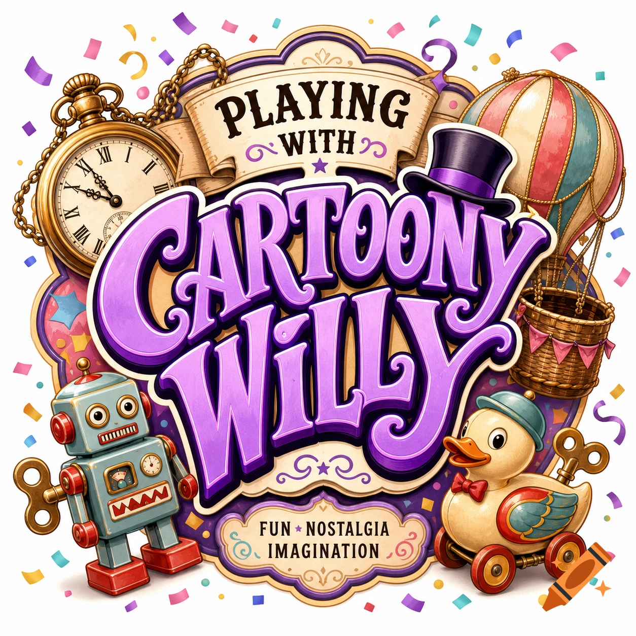 A colorful logo with the text "Playing with Cartoony Willy" surrounded by a pocket watch, hot air balloon, robot, and duck toy.