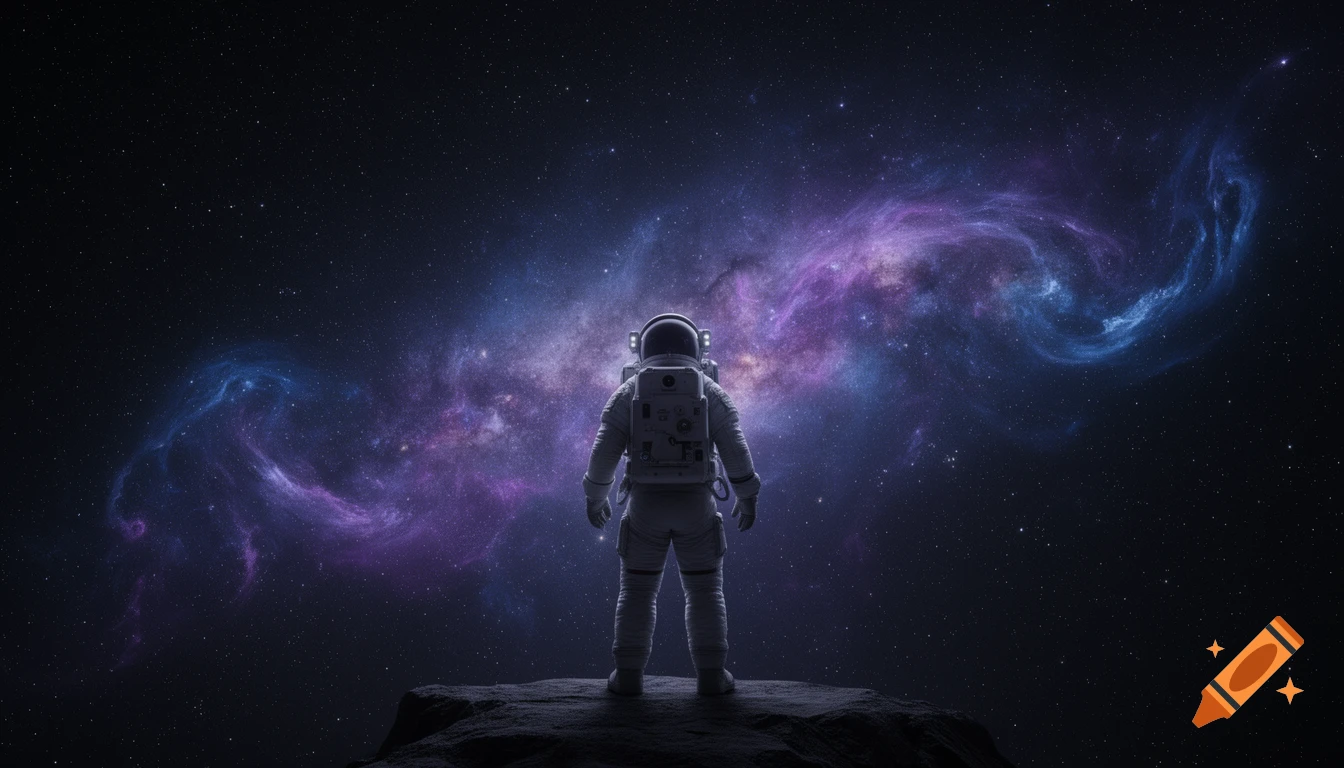 Photorealistic image of an astronaut on a rock, facing a dark universe illuminated by vibrant purple and blue nebulae.