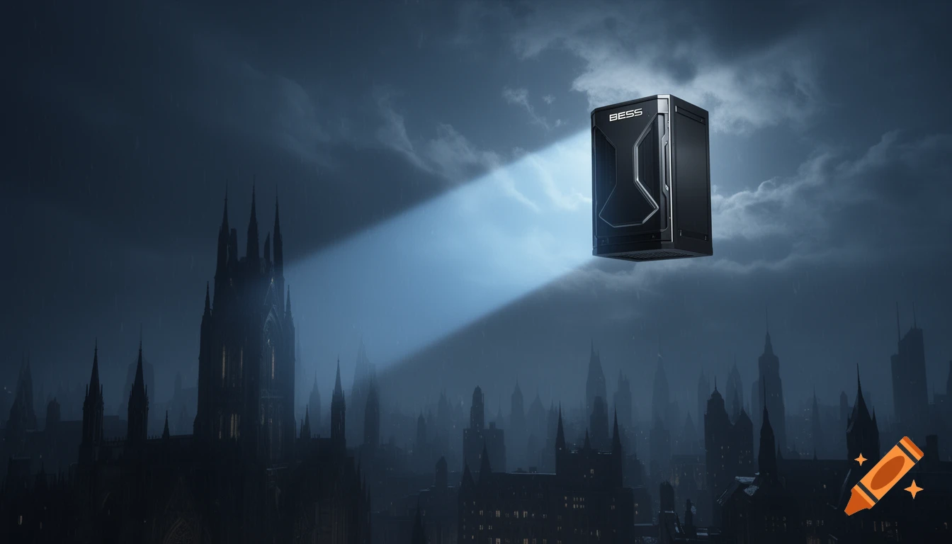 A black BESS battery storage cabinet floats in the sky, illuminated by a searchlight over a dark, gothic cityscape at night.