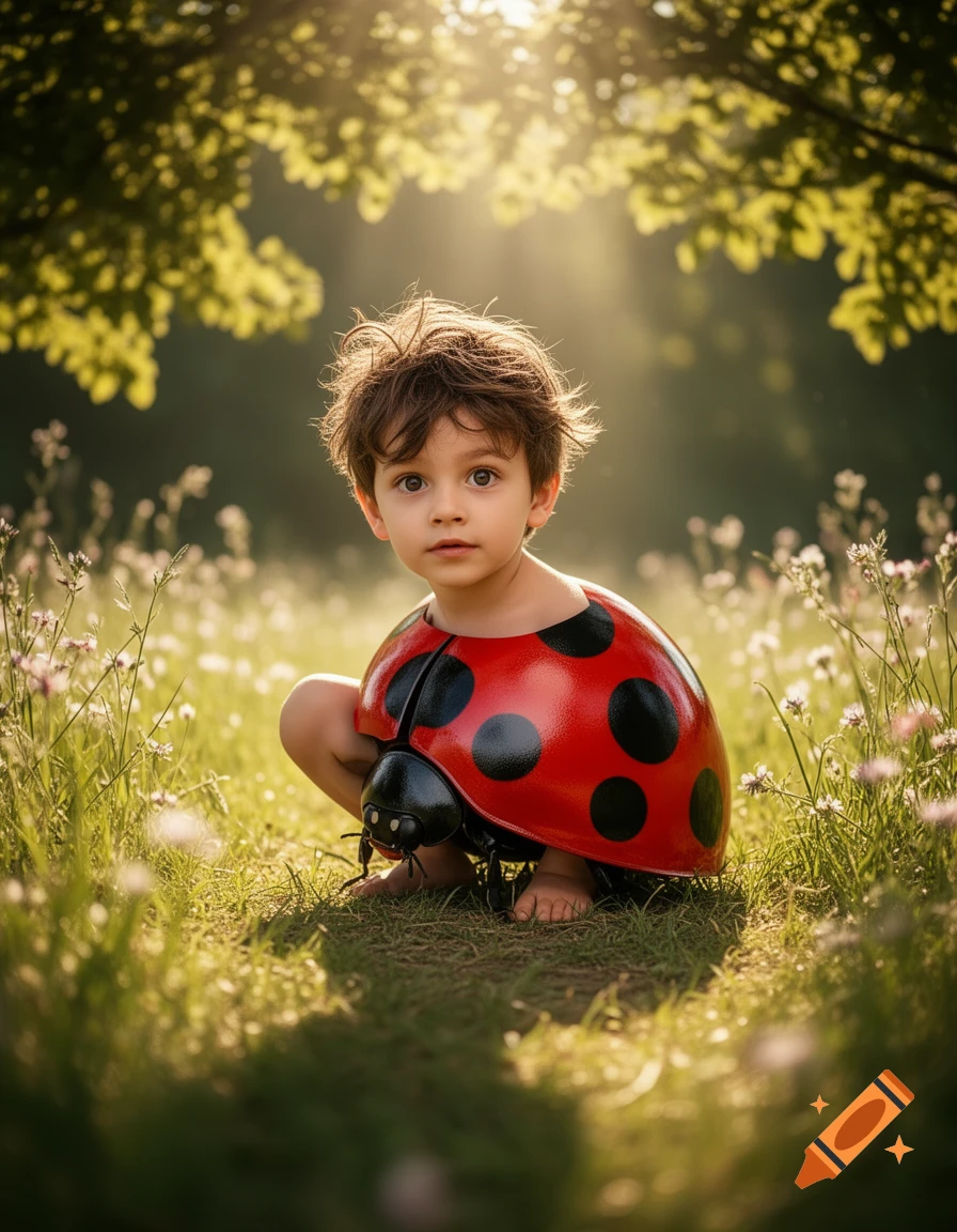 A young boy with messy hair, wearing a red and black ladybug costume, crouches in a sunny, grassy meadow with wildflowers.