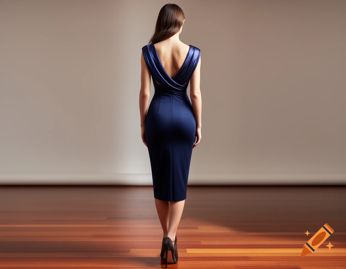 A woman in a form-fitting, backless navy blue dress stands with her back to the viewer on a wooden floor, looking away from the camera.