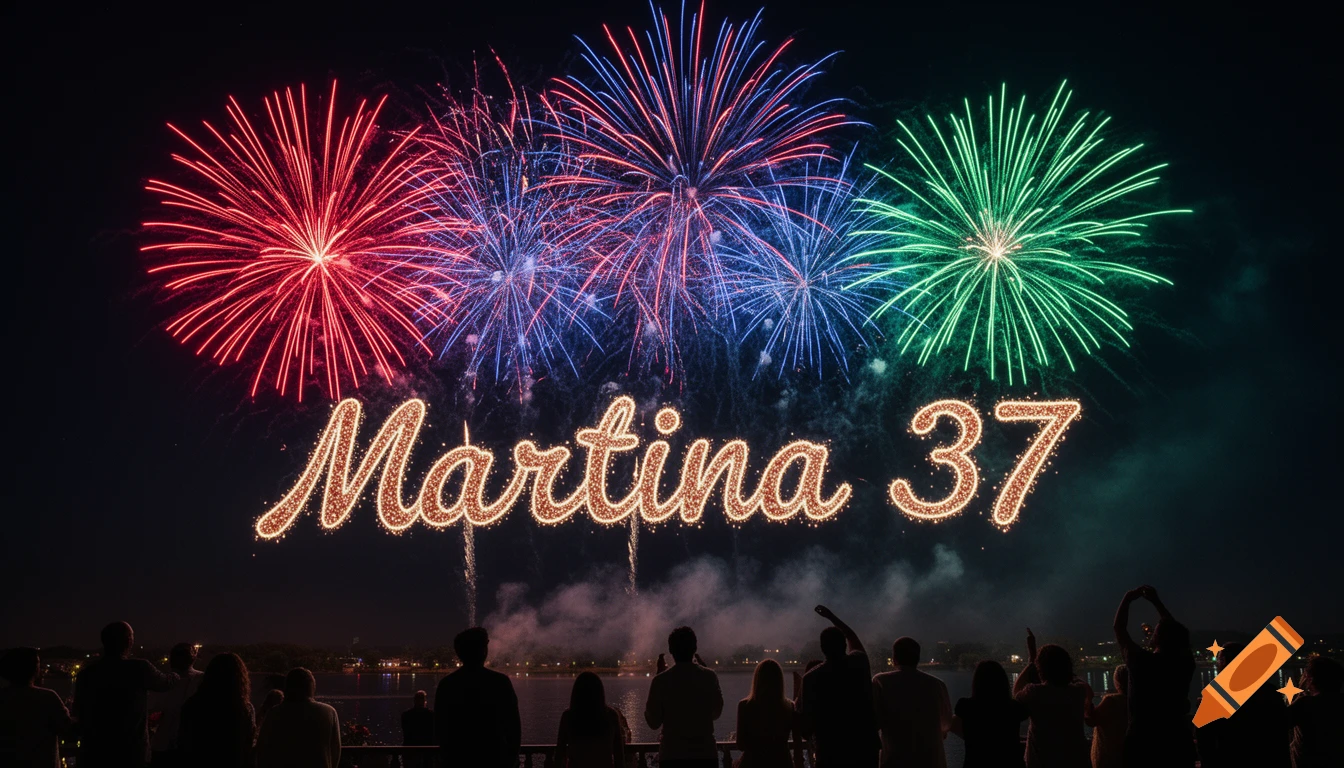 People watch colorful fireworks light up the night sky, with the name 'Martina 37' sparkling prominently.