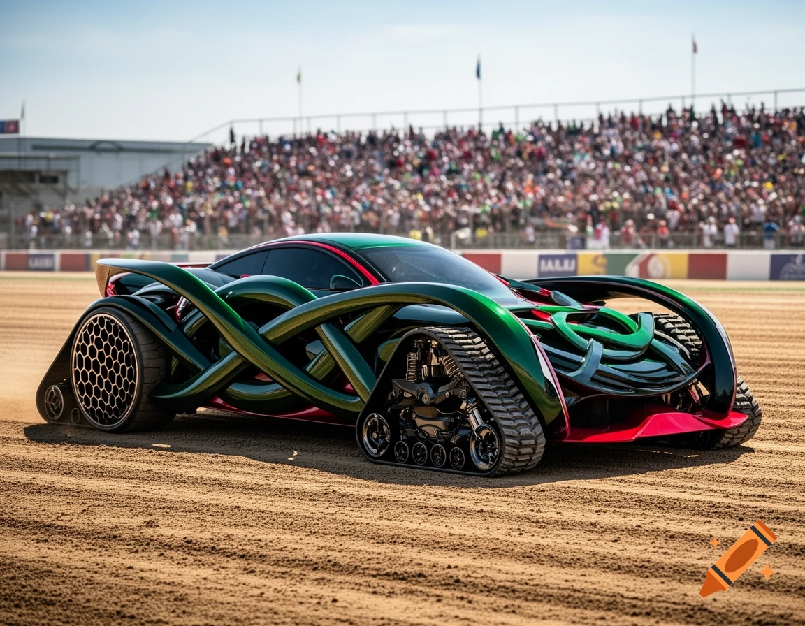 A futuristic sports car with a green Celtic knot frame, honeycomb front wheels, and caterpillar track rear wheels on a dirt track with a crowd in the background.