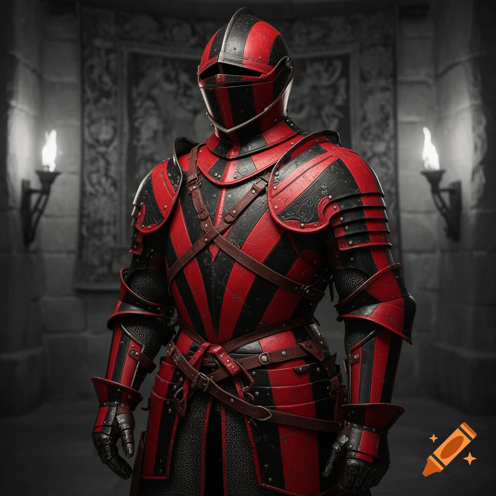 A knight in striking red and black striped armor stands in a dim castle hallway with torches.