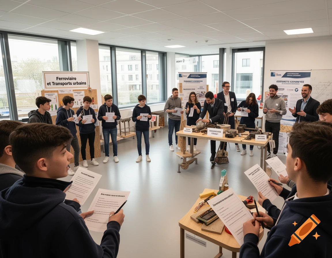 Students and adults gather around tables with display items in a bright room, participating in a professional event or workshop.