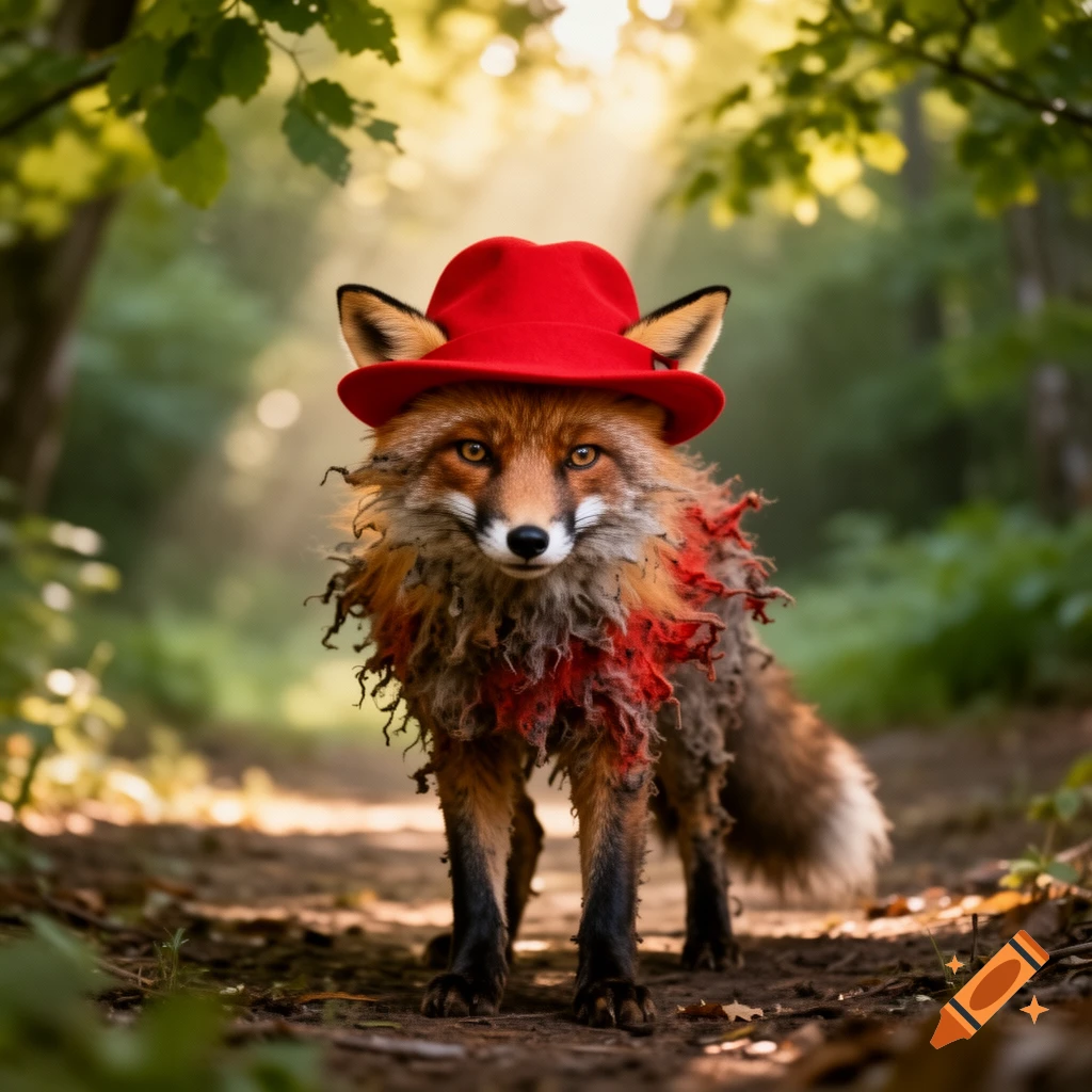 A scruffy red fox wearing a red fedora hat and a tangled red scarf stands on a dirt path in a sunlit forest.