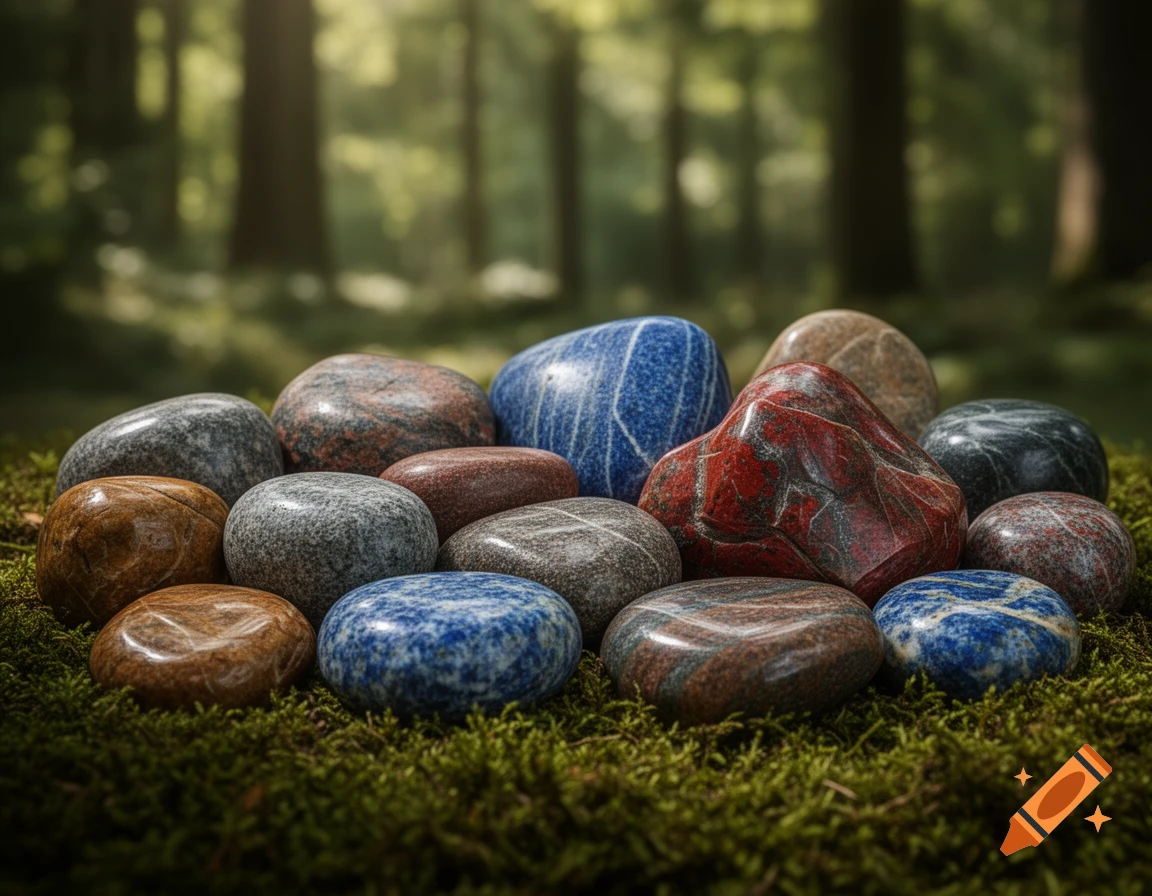 A pile of colorful, polished stones rests on green moss in a sunlit forest, with tall trees in the soft-focused background.
