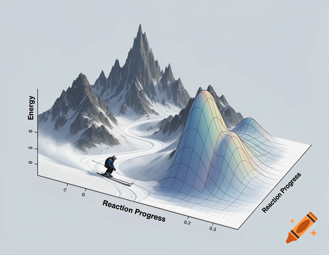 A scientific illustration blending a snowy mountain landscape with a 3D potential energy surface graph, with a skier on a path and labeled axes for Energy and Reaction Progress.