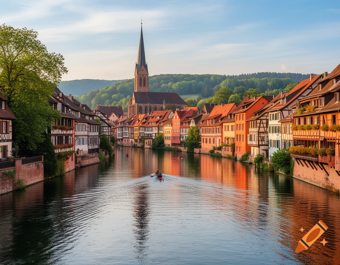 Colorful half-timbered houses line a calm river with reflections, leading to a church steeple under a clear sky in a picturesque European town.