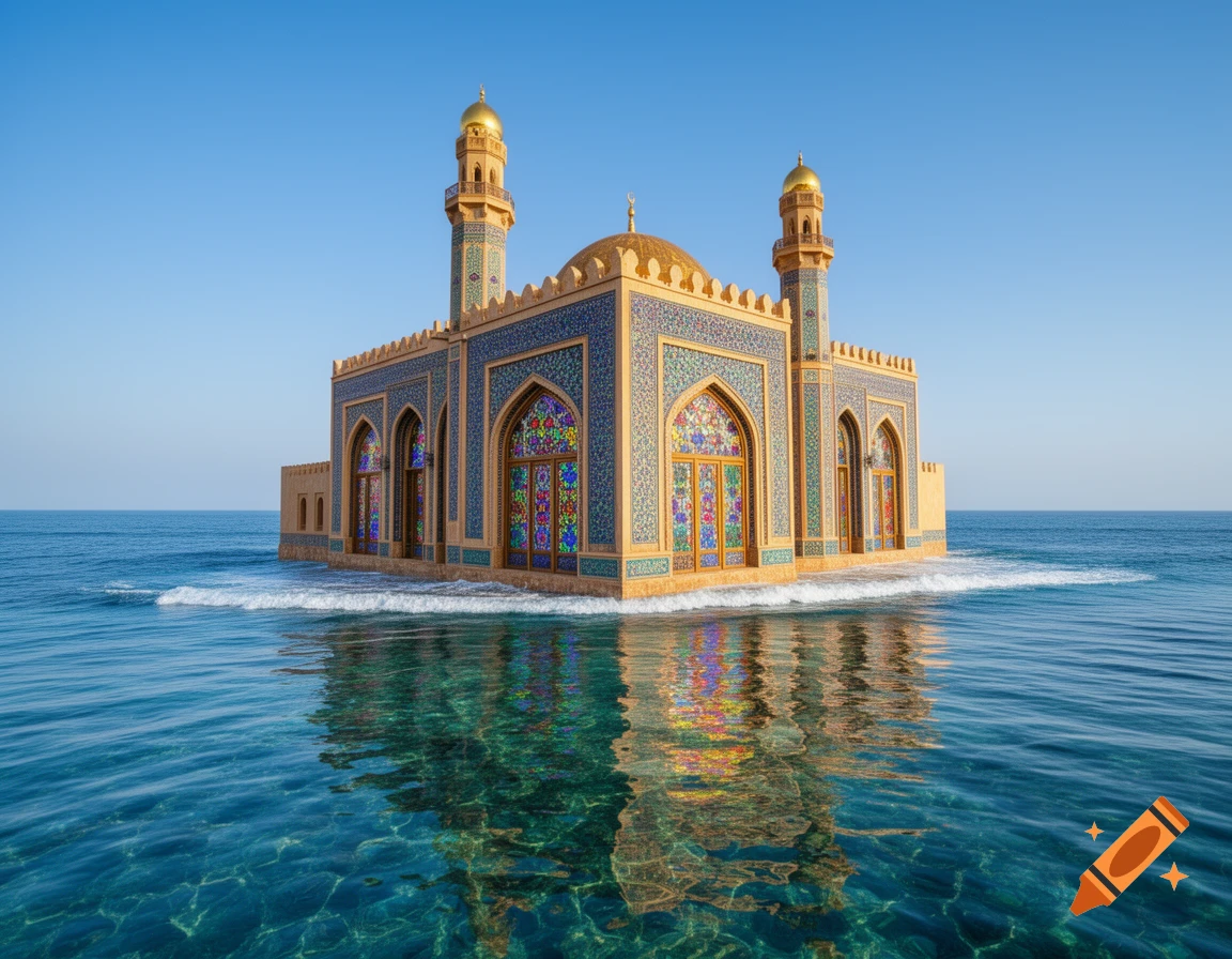 Colorful, ornate mosque-like building with golden domes and minarets in clear blue sea water under a bright sky.