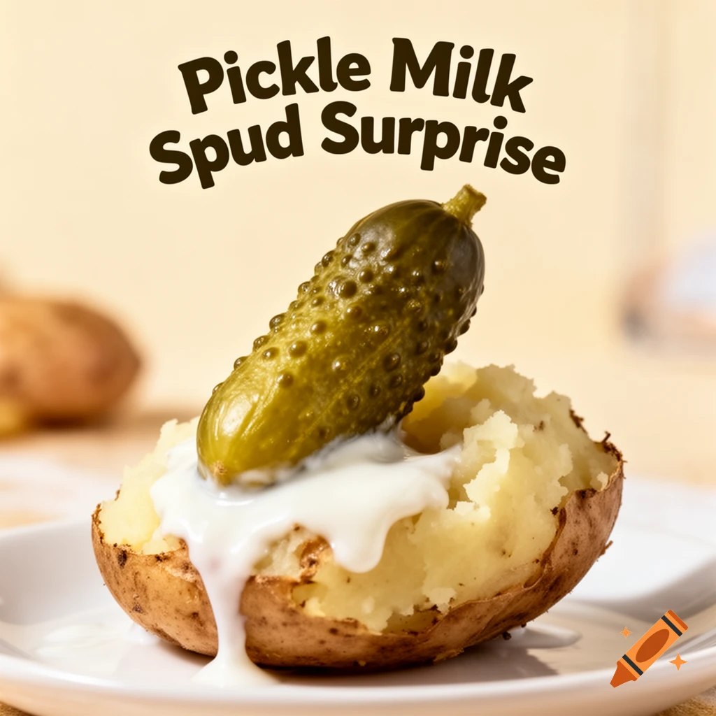 Photorealistic close-up of a pickle in a mashed potato with white sauce, text reads 'Pickle Milk Spud Surprise'.