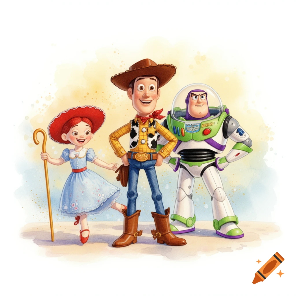 Watercolor illustration of Bo Peep, Woody, and Buzz Lightyear standing together on a white background.