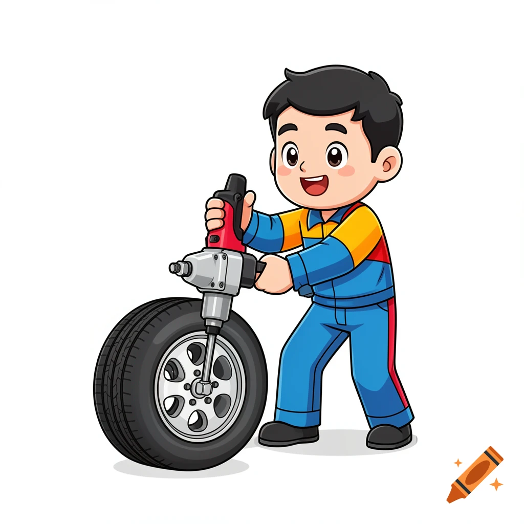 A cute cartoon mechanic in colorful overalls uses an impact wrench on a car tire against a white background.