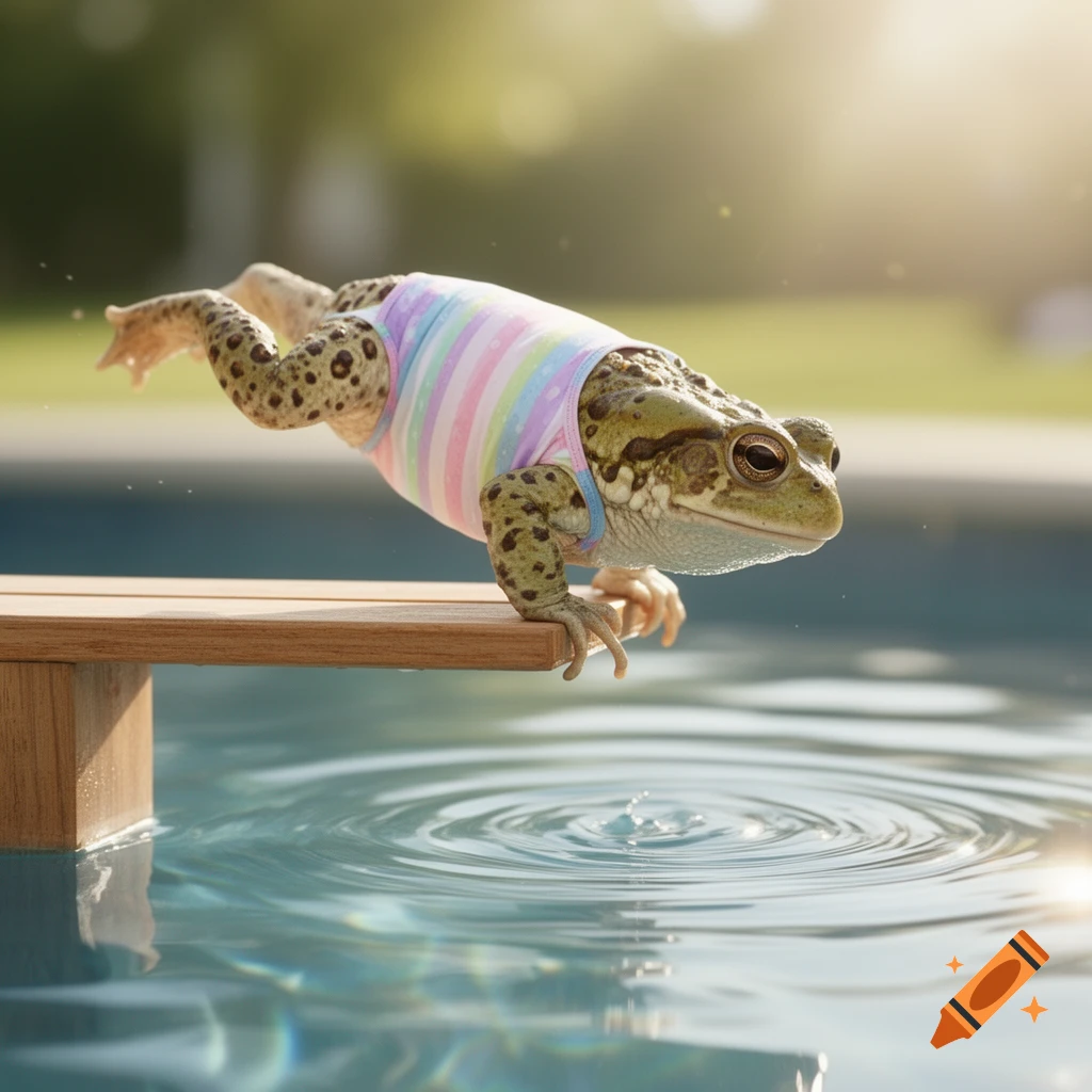 A hyperrealistic frog in a pastel striped shirt dives headfirst from a wooden board into a swimming pool.