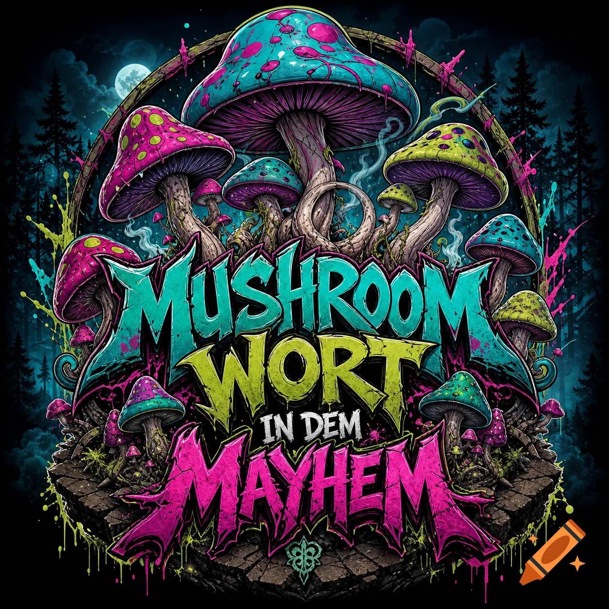 A dark, psychedelic logo with vibrant pink, green, and blue mushrooms surrounding the text 'MUSHROOM WORT IN DEM MAYHEM' against a forest and moon.