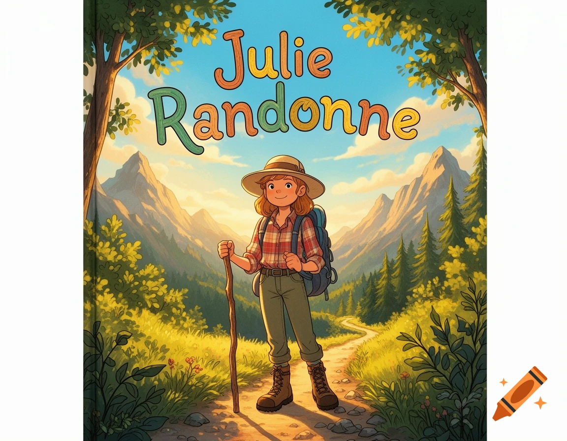 A cartoon girl with a backpack and hat, holding a walking stick, stands on a mountain trail with the title "Julie Randonne" overhead, surrounded by trees and mountains.