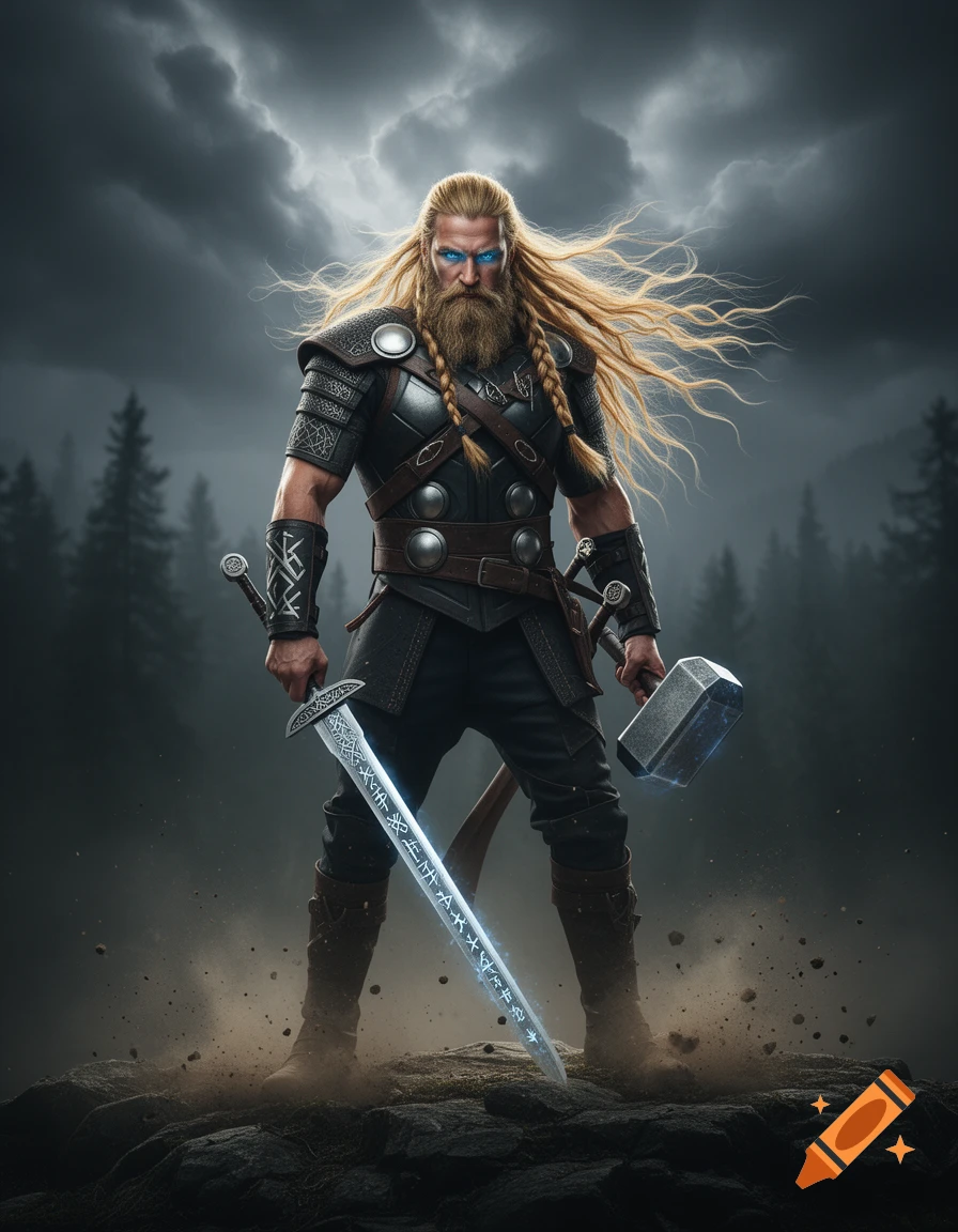 A powerful bearded man, resembling Thor, with glowing blue eyes, holds a glowing sword and hammer in a stormy forest setting.