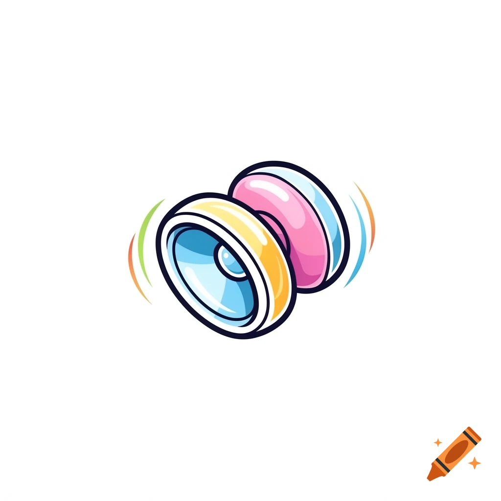 A colorful cartoon-style yoyo, with blue and yellow on one half, and pink and light blue on the other, against a white background, with motion lines.