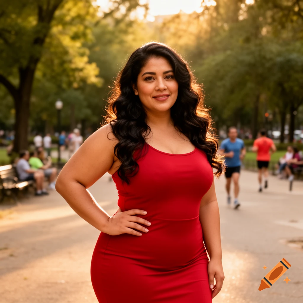A smiling Latina woman in a red dress poses in a park at sunset.