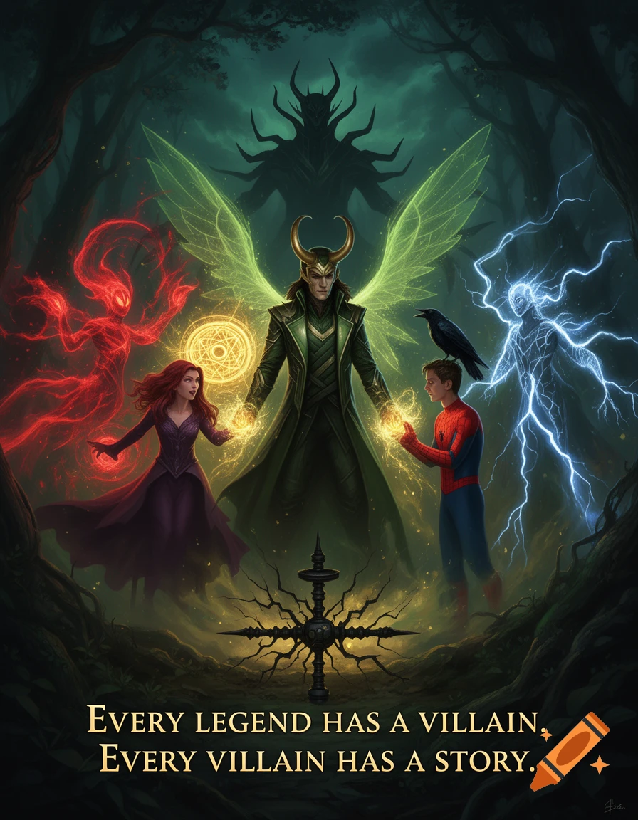 Loki, Scarlet Witch, and Spider-Man with magic in a dark, enchanted forest; Hela's shadow looms above. Text at bottom.