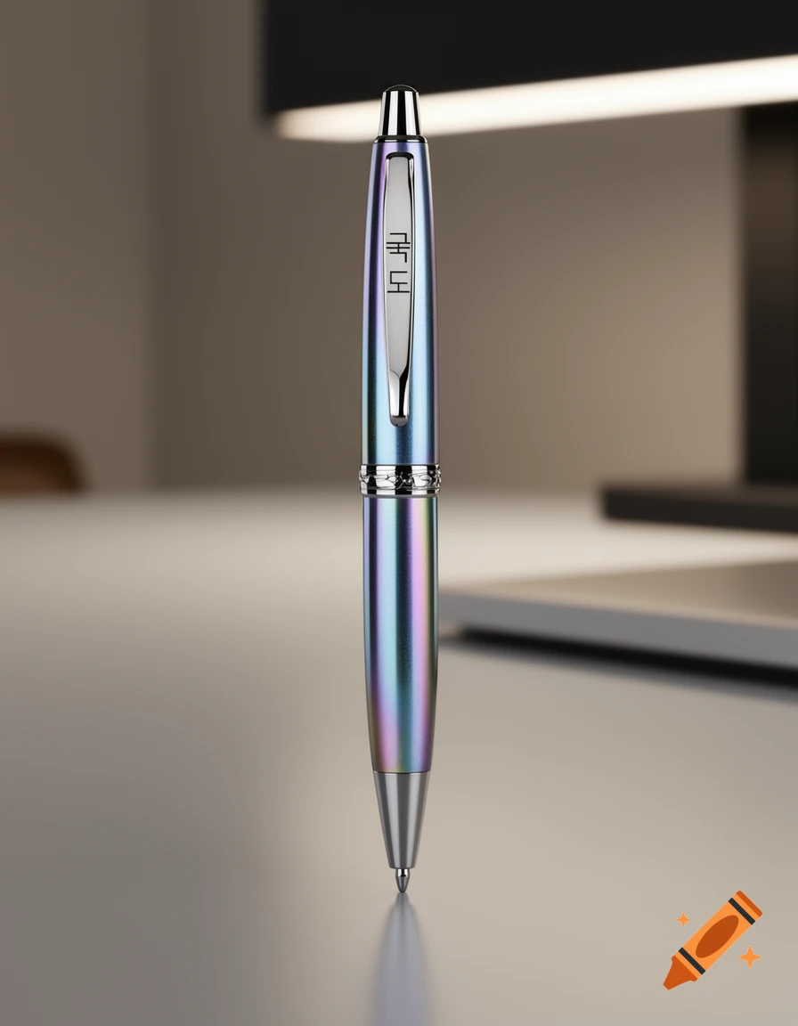 A metallic iridescent ballpoint pen with '곡도' text on its clip, standing on a reflective surface in a photorealistic style.