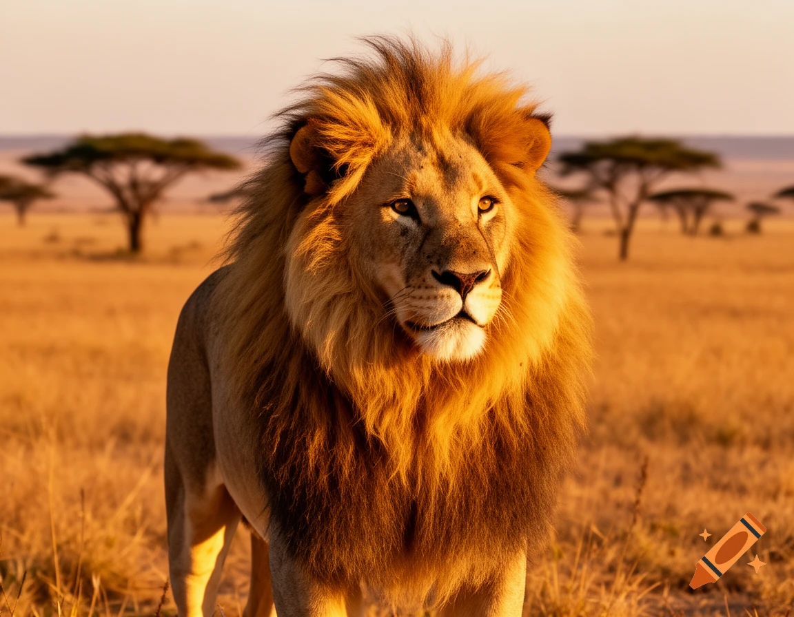 A majestic male lion with a golden mane stands in a sunlit savanna at sunset, looking to the right.