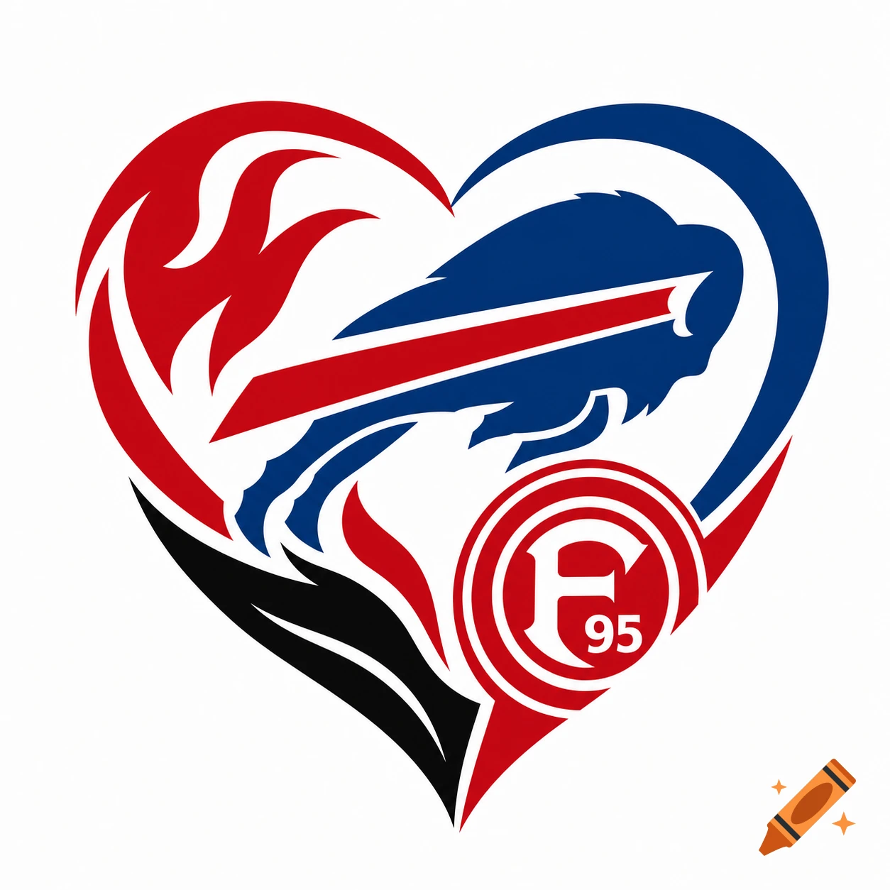 A minimalist heart-shaped logo combining a blue buffalo head, red flames, and a red circle with white 'F' and '95' text.