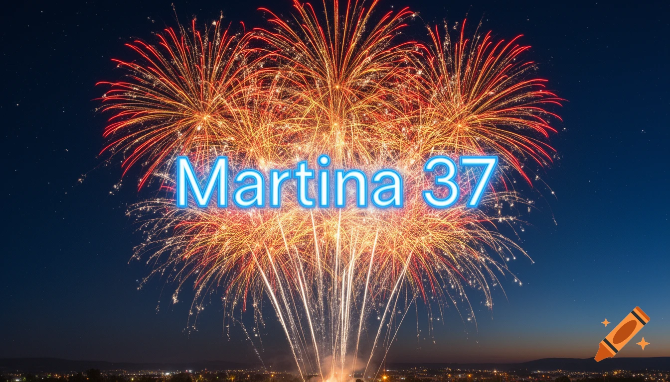 Photorealistic fireworks explode in a night sky over a city, with glowing blue text 'Martina 37'.
