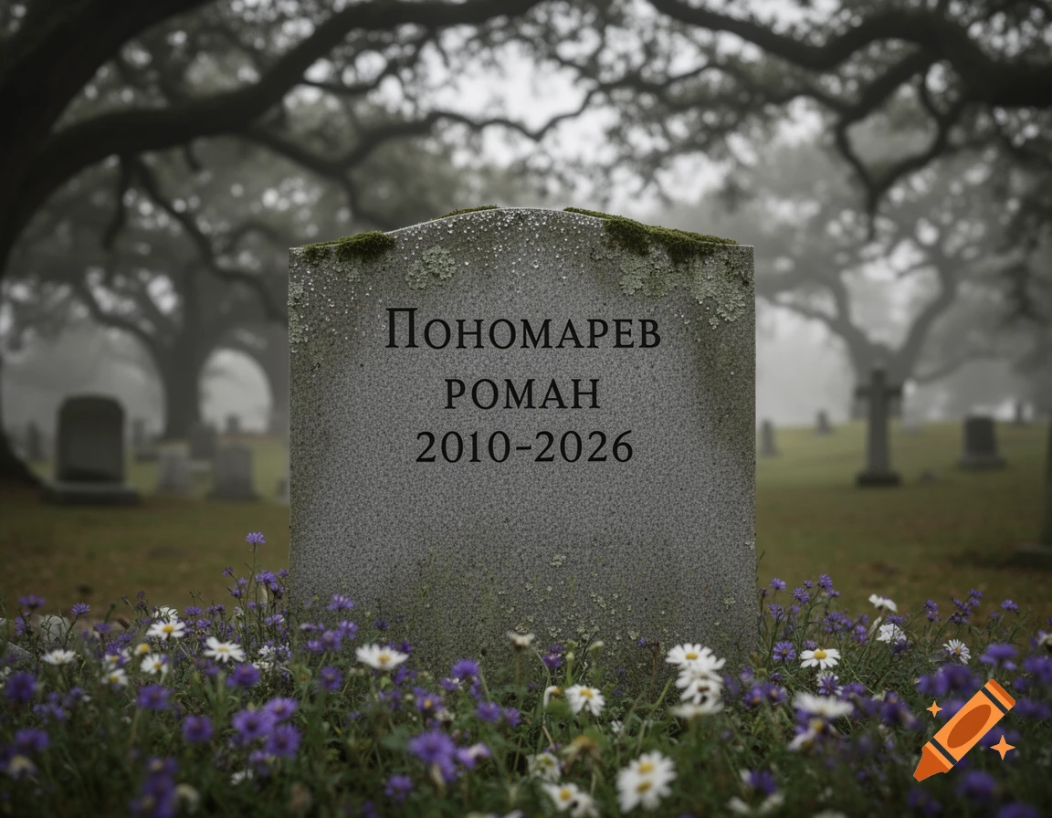 Photorealistic image of a mossy tombstone with text 'Ponomarev Roman 2010-2026' in a misty cemetery, with purple and white flowers in the foreground.