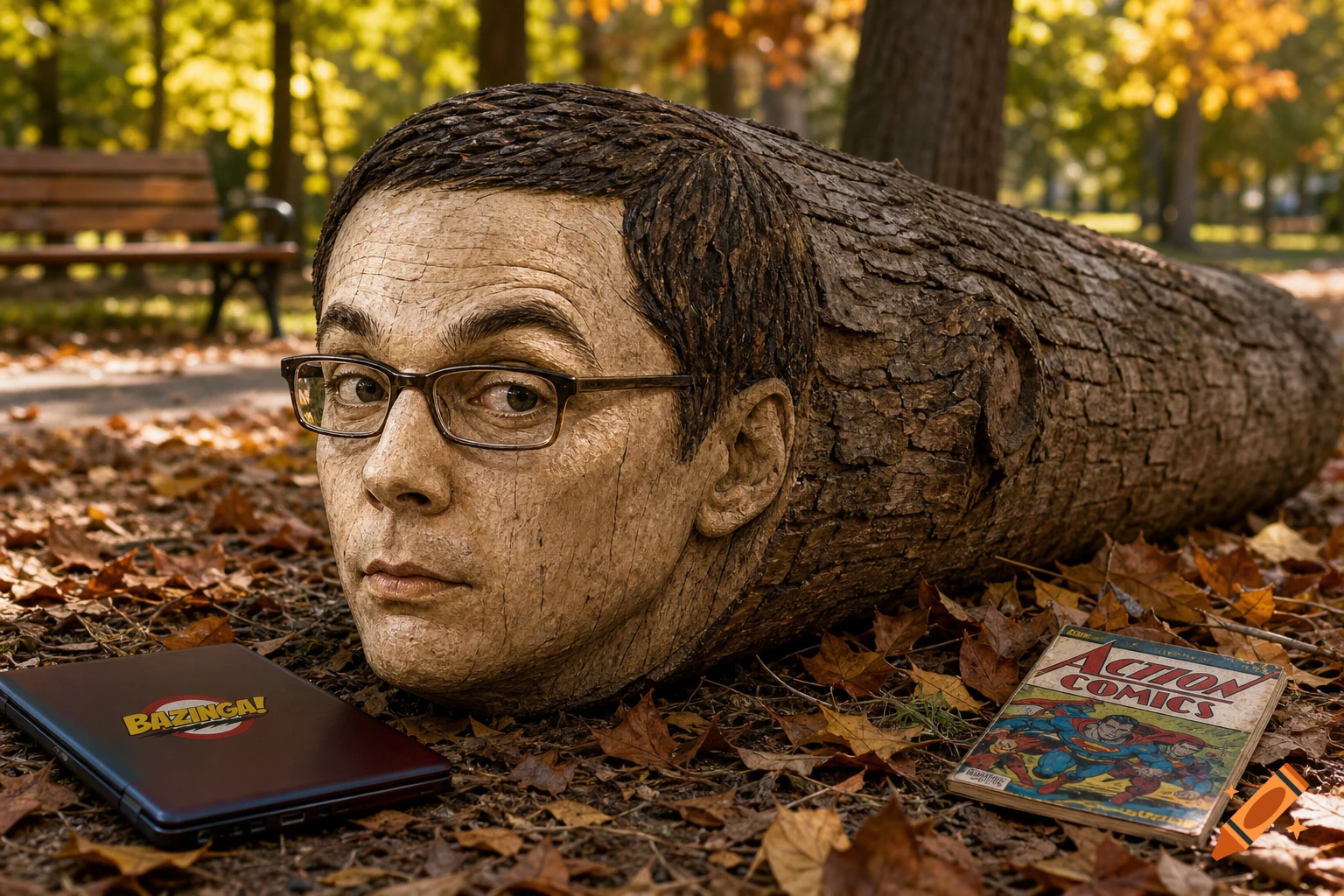 A log with Sheldon Cooper's face and glasses lies on autumn leaves in a park, next to a laptop with 'BAZINGA!' and an 'ACTION COMICS' comic book.
