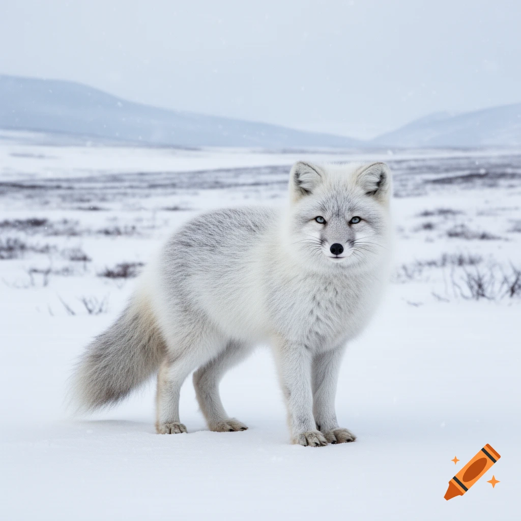 A photorealistic arctic fox with white fur stands in a snowy landscape, with distant mountains under a cloudy sky.