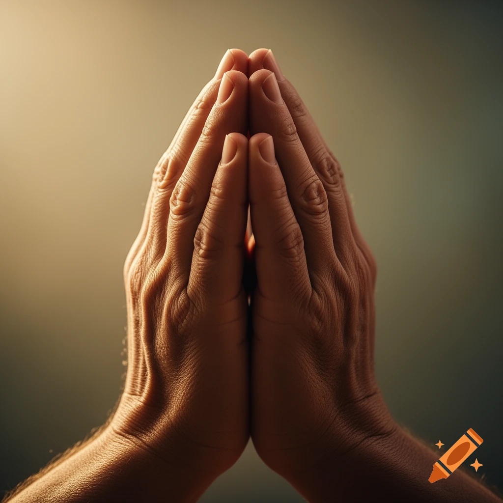 Close-up of two hands clasped together in prayer, with soft, dramatic lighting.
