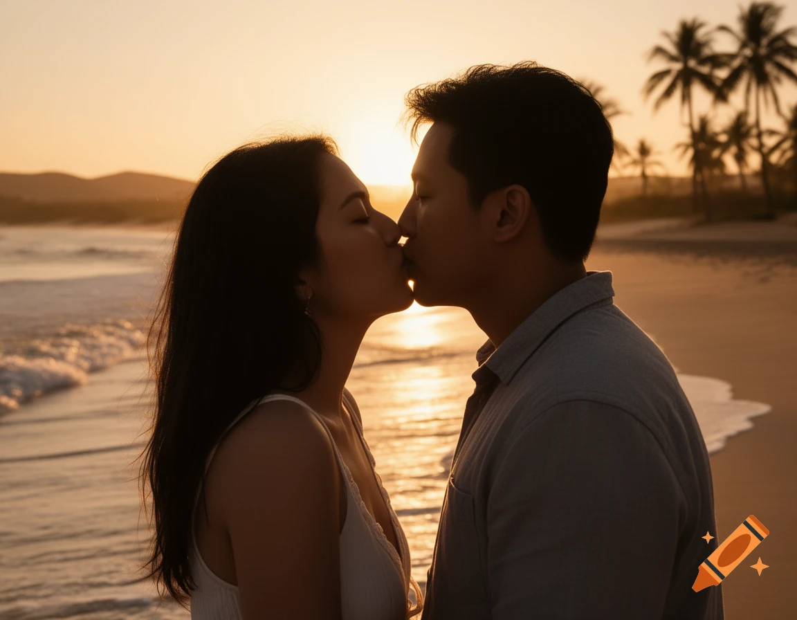 A couple kisses on a beach at sunset, silhouetted against the bright sky with palm trees in the background.